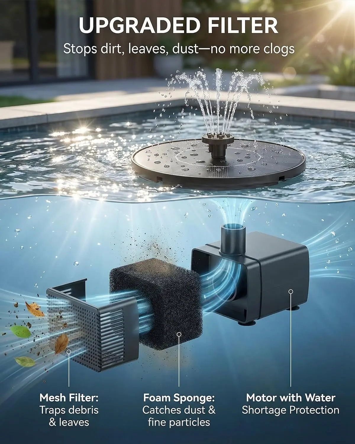 JNOEC Solar Fountain, Solar Bird Bath Fountains Pump with 6 Nozzles, 2026 Upgraded Free Standing Floating Solar Powered Water Fountain Pump for Bird Bath, Garden, Pond, Pool and Outdoor