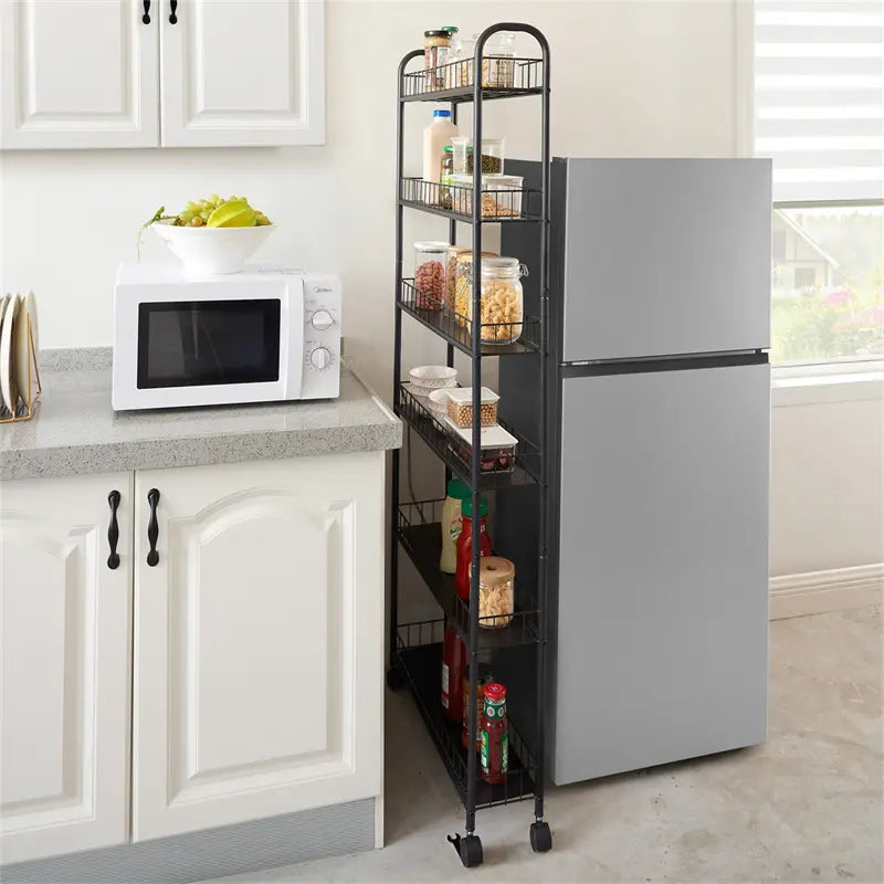 6-Layer Slim Storage Trolley, Wheeled Metal Rolling Organizer, Practical Trolley, Narrow Mobile Shelf, Storage Rack