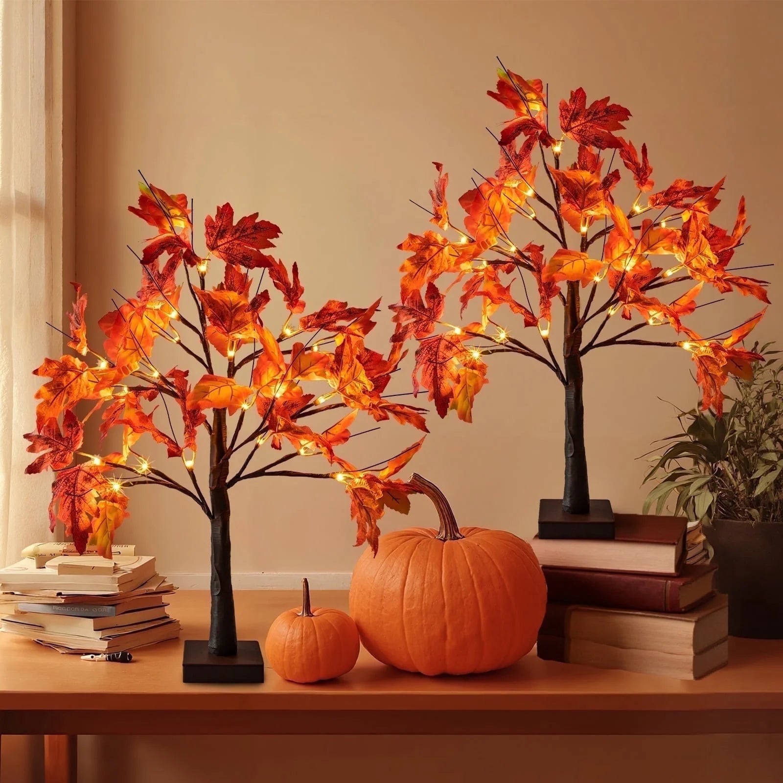 Fall Decorations for Home, 25" 24 LED Artificial Fall Maple Leaves Table Tree with Pumpkins Lights Indoor Wedding Party Autumn Thanksgiving Decor