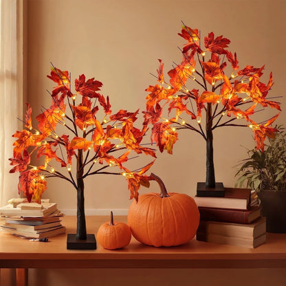 Fall Decorations for Home, 25" 24 LED Artificial Fall Maple Leaves Table Tree with Pumpkins Lights Indoor Wedding Party Autumn Thanksgiving Decor