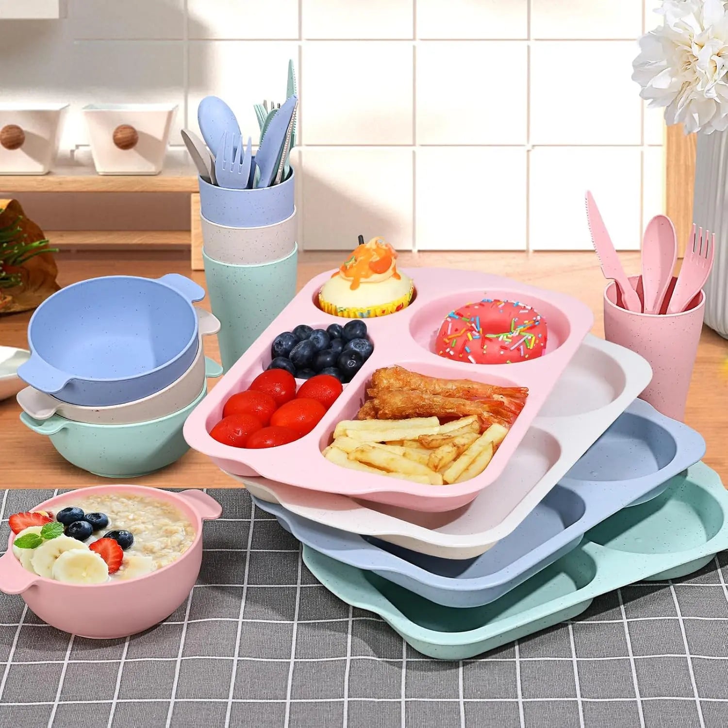 Wheat Straw Cutlery Set, 24Pcs/Set Including Plate*4 & Bowl*4 & Cup*4 & Cutlery*4 Sets, Reusable Wheat Straw Tableware Set, Dinnerware Service Set for Home School Restaurant Tableware Kit
