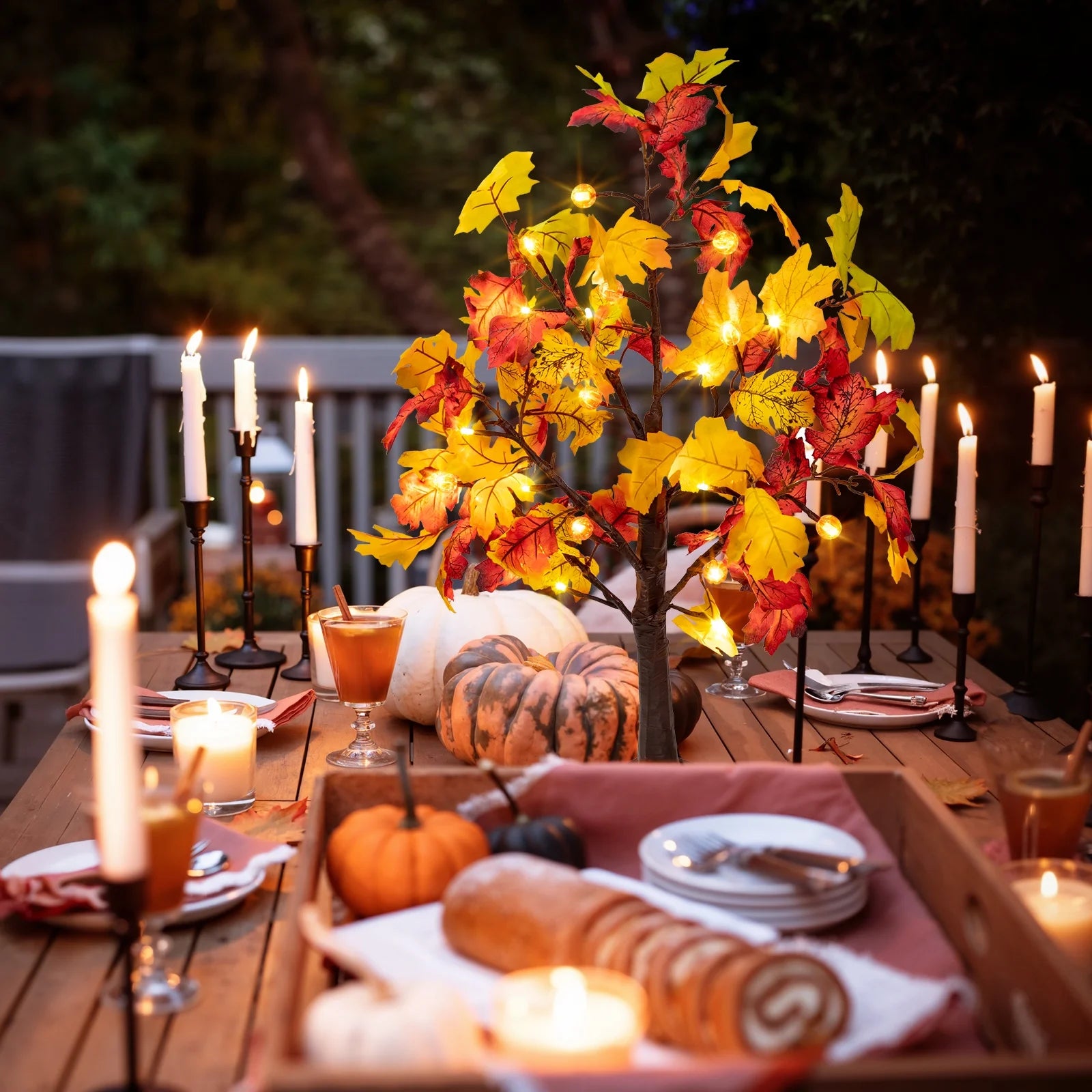 Fall Decorations for Home, 25" 24 LED Artificial Fall Maple Leaves Table Tree with Pumpkins Lights Indoor Wedding Party Autumn Thanksgiving Decor