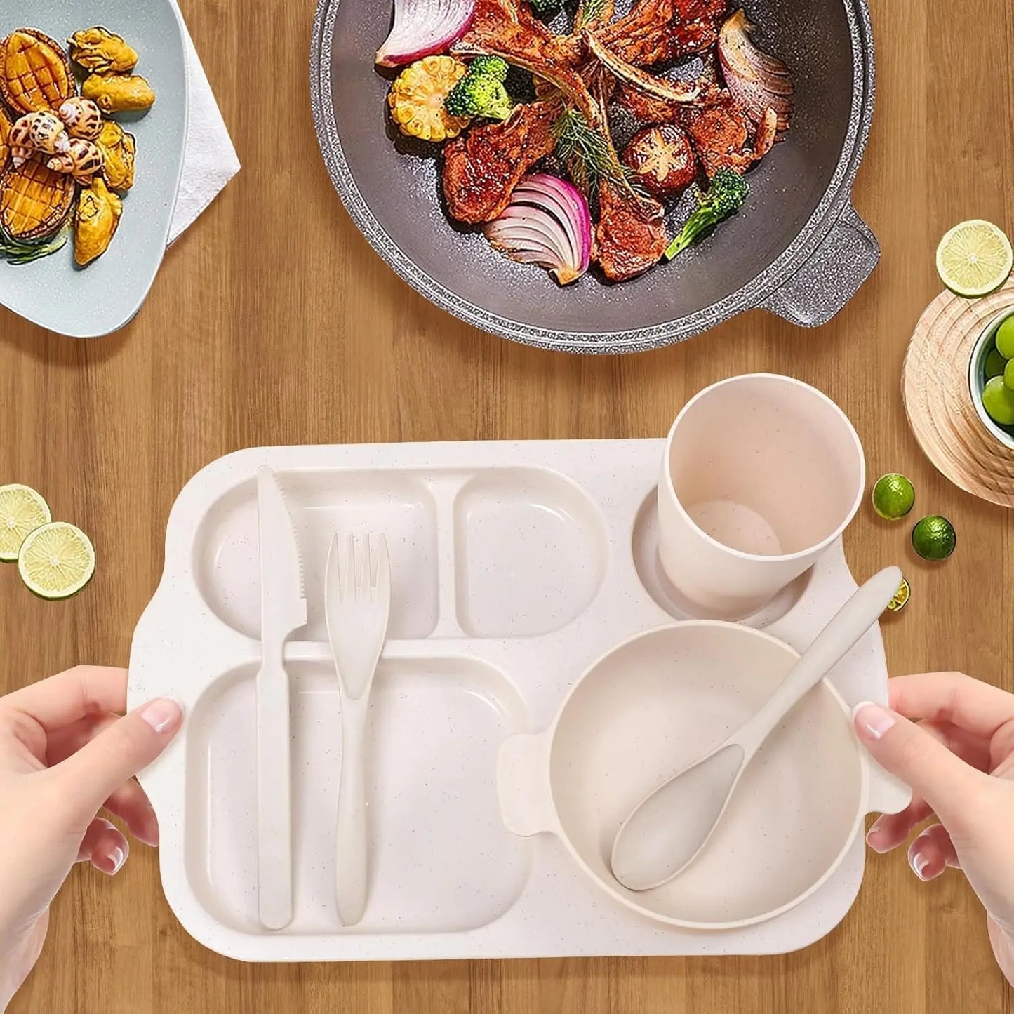 Wheat Straw Cutlery Set, 24Pcs/Set Including Plate*4 & Bowl*4 & Cup*4 & Cutlery*4 Sets, Reusable Wheat Straw Tableware Set, Dinnerware Service Set for Home School Restaurant Tableware Kit
