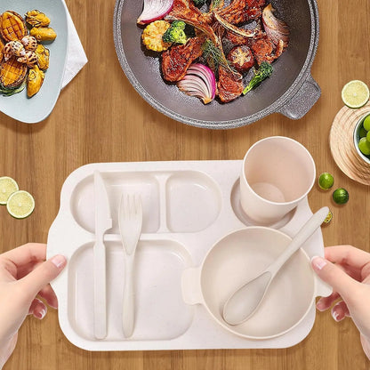 Wheat Straw Cutlery Set, 24Pcs/Set Including Plate*4 & Bowl*4 & Cup*4 & Cutlery*4 Sets, Reusable Wheat Straw Tableware Set, Dinnerware Service Set for Home School Restaurant Tableware Kit