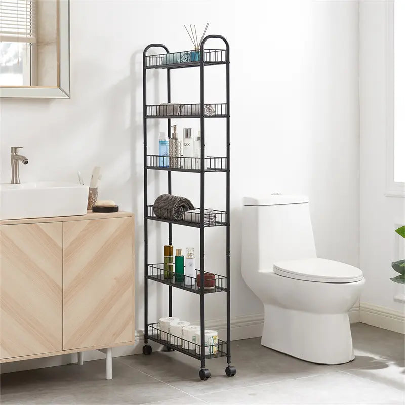 6-Layer Slim Storage Trolley, Wheeled Metal Rolling Organizer, Practical Trolley, Narrow Mobile Shelf, Storage Rack