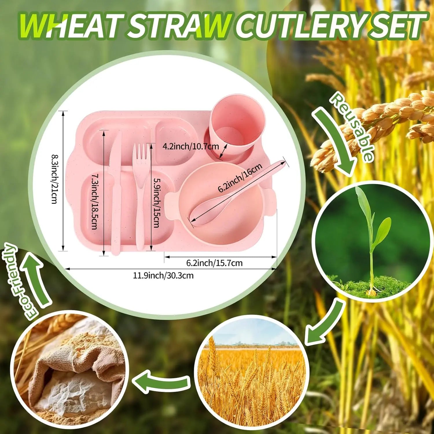 Wheat Straw Cutlery Set, 24Pcs/Set Including Plate*4 & Bowl*4 & Cup*4 & Cutlery*4 Sets, Reusable Wheat Straw Tableware Set, Dinnerware Service Set for Home School Restaurant Tableware Kit
