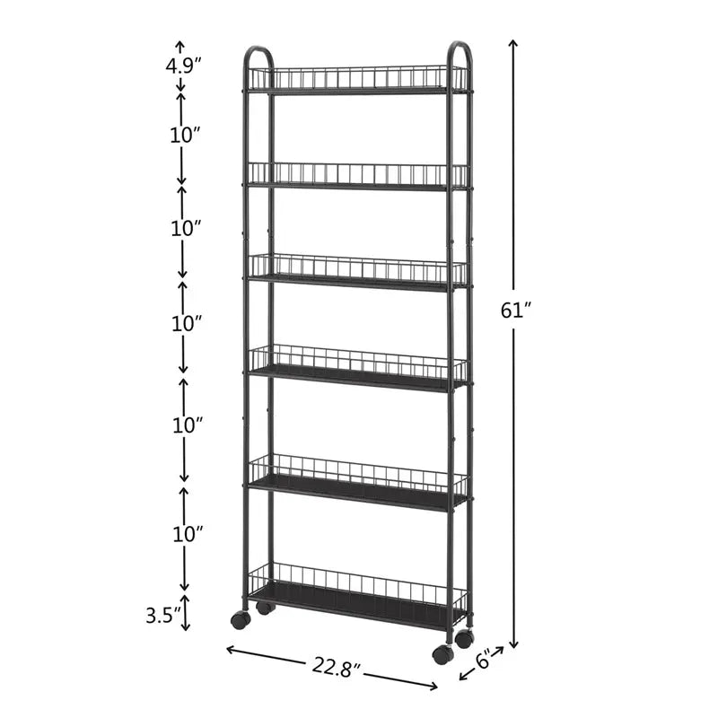 6-Layer Slim Storage Trolley, Wheeled Metal Rolling Organizer, Practical Trolley, Narrow Mobile Shelf, Storage Rack