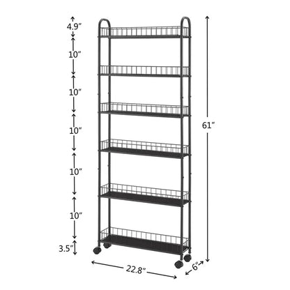 6-Layer Slim Storage Trolley, Wheeled Metal Rolling Organizer, Practical Trolley, Narrow Mobile Shelf, Storage Rack