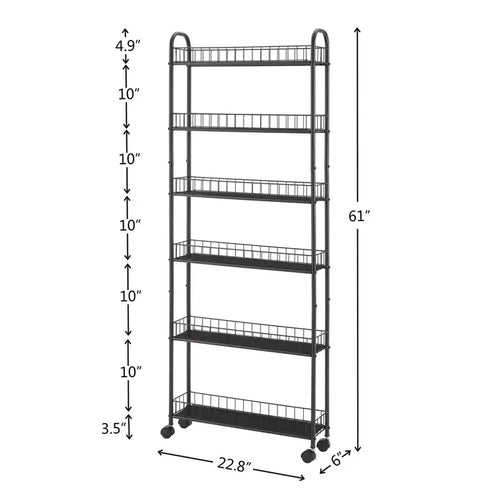 6-Layer Slim Storage Trolley, Wheeled Metal Rolling Organizer, Practical Trolley, Narrow Mobile Shelf, Storage Rack