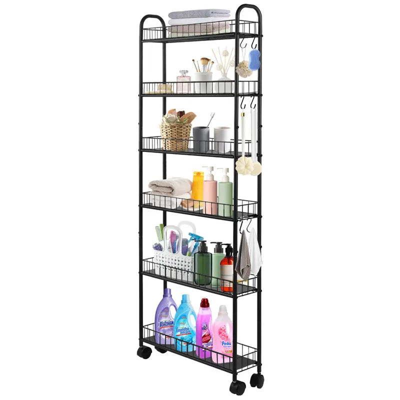 6-Layer Slim Storage Trolley, Wheeled Metal Rolling Organizer, Practical Trolley, Narrow Mobile Shelf, Storage Rack